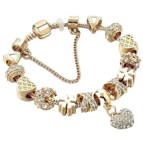 18K Gold-Plated Charm Bead Bracelet with Rhinestone Hearts - Lucky Clover & Adjustable Chain – DIY Zinc Alloy Tribal Ethnic Style – Exquisite Box & Pouch