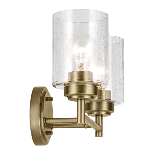 Image of Kichler Winslow 13 inch 2-Light Bathroom Vanity Light Fixture with Clear Seeded Glass in Natural Brass for Luxe Industrial Style Over Mirror (13 inch x 9.25 inch x 6.5 inch), 45885NBR
