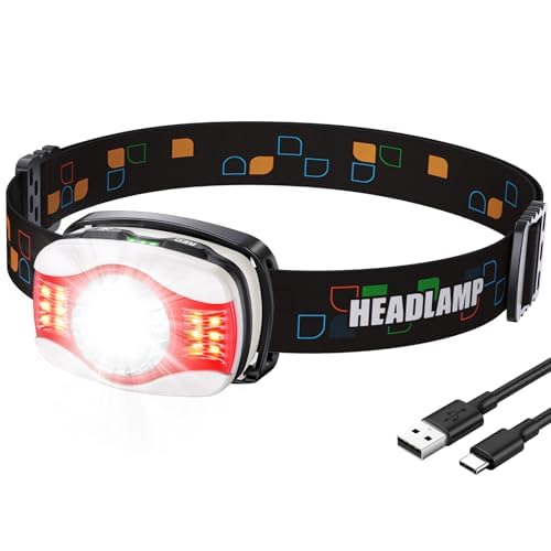 Glangeh Head Torch Rechargeable, Ultra Bright LED Headlamp with Red Warning Lights, 6 Lighting Modes, 45° Adjustable Running Head Torch, Lightweight Waterproof Headlight for Camping Running Fishing