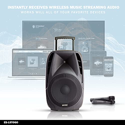 Gemini Sound Es-15Togo Wireless Portable Bluetooth Streaming Professional Dj Pa System Trolley Active 800 Watts Speaker With Dual Mic Jacks Sd Card And Usb Port With 2 Wireless Mic Bundle #TOP4