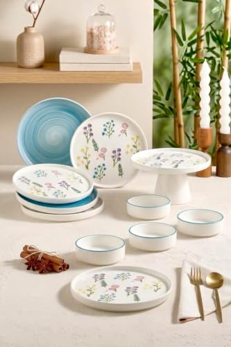 11 Parça 6 Kişilik Botanical Stackable Kahvaltı Takımı - Lüx Kahvaltılık Sunum Takımı Tabağı, Beyaz