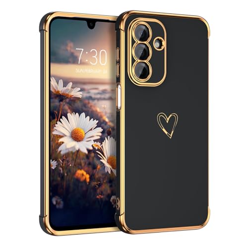 Image of GUAGUA Compatible with Samsung Galaxy A17 5G Case 6.7 Inch Slim Soft TPU Cover with Cute Heart Pattern for Women Girls Men Luxury Electroplated Shockproof Protective Case for Samsung A17 5G, Black