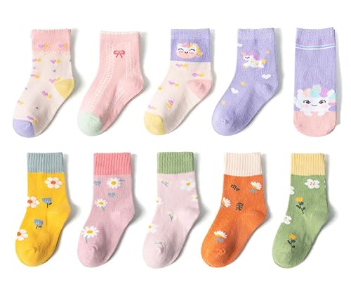 kiobrvhe Kids Socks with Grips Non Slip Slipper Socks Cartoon Print 10-Pairs Pack Cozy Fluffy Winter Warm Crew Socks (Style E,6-8T,US,Age,6 Years,8 Years)