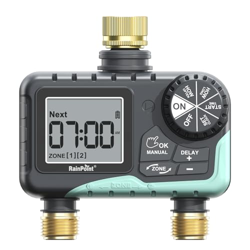 RAINPOINT 2 Zone Sprinkler Timer with Brass Inlet and Outlet - Water Timer for Garden Hose with Rain Delay/Manual Watering/Automatic Irrigation Controller System - Water Hose Timer for Yard Lawn