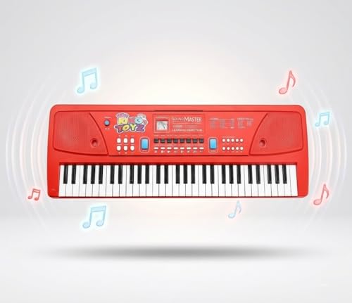 Image of Piano Keyboard with Mic | 61 Keys, 10 Rhythms, 16 Tones, 6 Demo Songs & 8 Percussions | Electronic Musical Toy for Boys & Girls Age 4+ | Educational & Recording Keyboard for Beginners Red