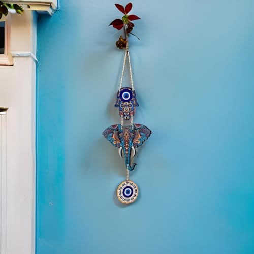 Image of Designer Elephant Wooden Wall Hanging for Home Decor | Hamsa Hand Decoration for Livingroom | Modern Artworks Items | Peace Charm Door Accent Decorative Hangings