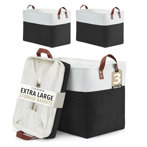Image of DECOMOMO Storage Baskets | Large Storage Bins Fabric Baskets for Organizing Laundry Nursery Toys Cloth Linen Closet Organizers with Handles (Black & White, XXL - 3 Pack)