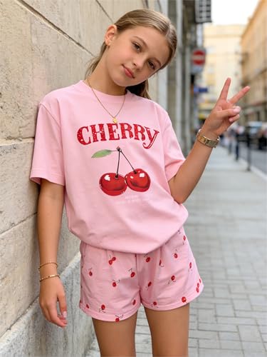 Image of KIDLAGA Girls Two Piece Sets Cherry Pattern Short Sleeve Shirts and Shorts Set With Pockets Girls Summer Outfits Size 7-14