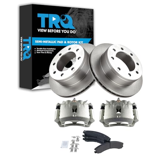 Image of TRQ Rear Brake Pad, Caliper, & Rotor Kit Semi-Metallic Compatible with 2009 Chevrolet Express 3500 2009-2016 GMC Savana 3500