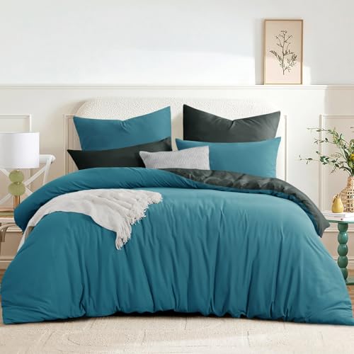 RUIKASI Bettwäsche 200x200 Türkis Grau 3teilig - Wendebettwäsche...