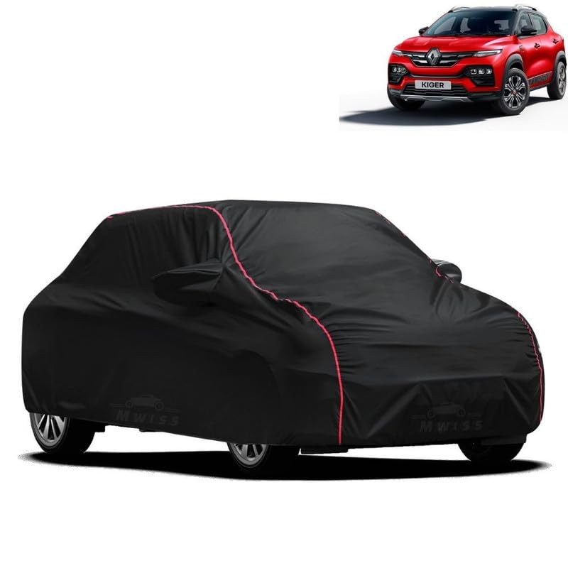 Image of Waterproof Car Cover for Renault Kiger | All-Weather Protection, Dustproof & UV Resistant | Triple Stitched Mirror Pockets, Windproof Buckle Strap with Elastic Hem, Black-Red Piping