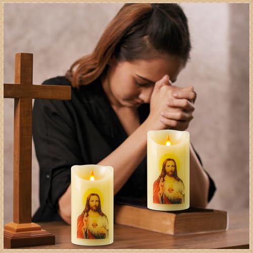 Image of LED Prayer Flameless Candles with Remote Timer, Battery Powered Candle, Religious Candle 6 inch x 3.2 inch (Jesus Red )