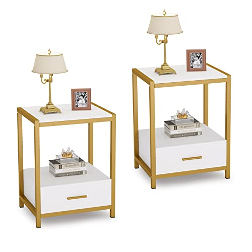 Tribesigns 25 inch Tall End Table Set of 2 with Drawers and Storage Shelf, Modern Bedside Table Nightstands for Bedroom, Living Room (2pc, Gold and White) Tribesigns 25 inch Tall End Table Set of 2 with Drawers and Storage Shelf, Modern Bedside Table Nightstands for Bedroom, Living Room (2pc, Gold and White)