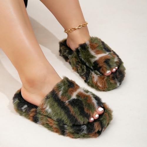 Plush Fluffy Slippers with Rhinestone Buckle Black Fuzzy House Shoes Platform Comfort Slides3