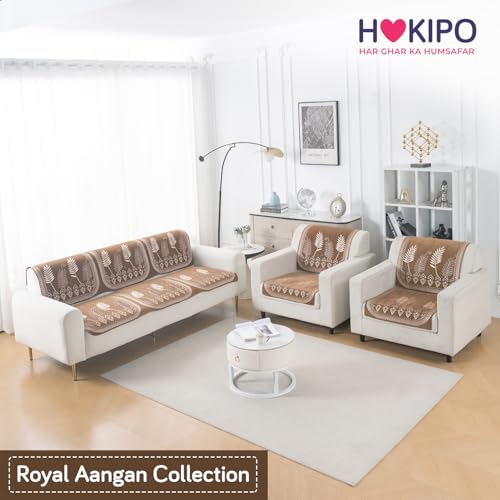 Image of HOKIPO Bagh Brown Premium Chenille Jacquard Sofa Cover 5 Seater Set - Washable 3+1+1 Sofa Cover for Seat & Back | 'Royal Aangan Series' (IN-1008-L6*2 + IN-1006-L6*4)
