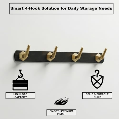 Image of Modern Design Cloth Hanger for Wall /4 Hook Dress Hanger for Door Mount /Bathroom Hooks for Hanging (Black & Gold Finish) Pack of 3-| 3 Years Warranty |