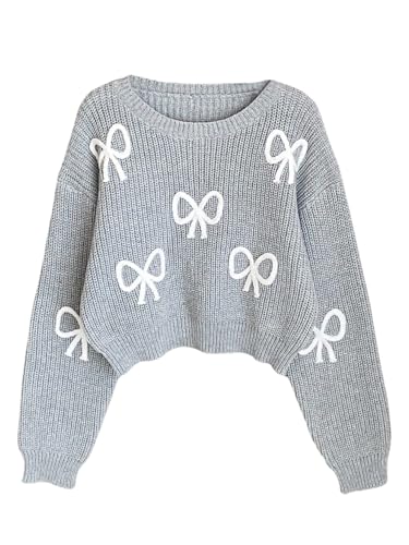 Image of BEAUDRM Girl's Cute Bow Sweater Crew Neck Long Sleeve Drop Shoulder Loose Pullover Tops