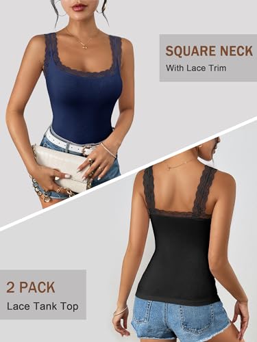 Image of Ibeauti 2 Pack Lace Camisole Tank Tops for Women Sleeveless Summer Going Out Tops Ribbed Cami Undershirts
