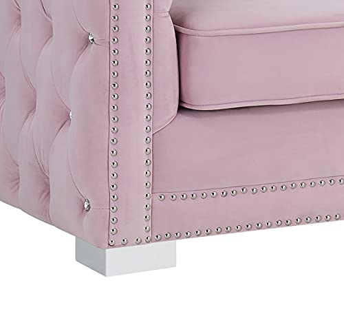 Iconic Home Christophe Sofa Velvet Upholstered Button Tufted Nailhead Trim Shelter Arm Design Silver Tone Metal Block Legs Modern Transitional, Pink #TOP4