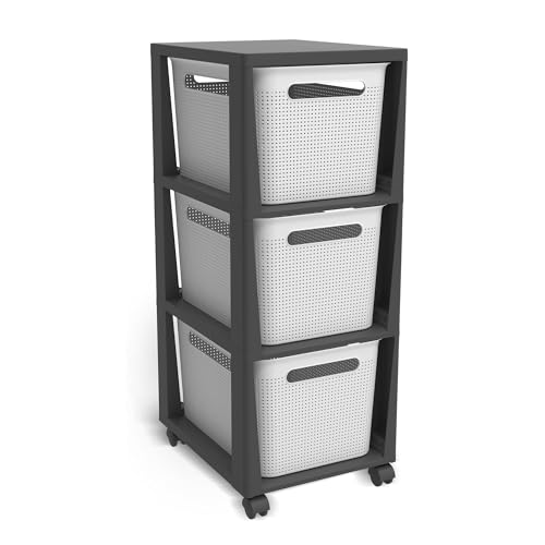 Rotho Brisen Rollcontainer mit Schubladen 3x 16l | moderner Aufbewahrungsturm mit Rollen | mit 3 Boxen für viel Stauraum | Schubladen herausnehmbar | einfach...