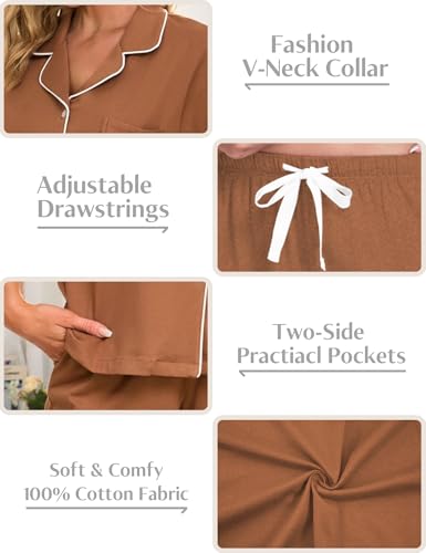 Image of COLORFULLEAF Women's 100% Cotton Pajamas Set Button Down Sleepwear Short Sleeve Shirt and Long Pants Soft Ladies Lounge Sets