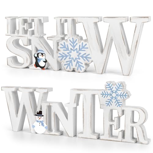 COCHIE Wooden Winter Let It Snow Sign, Snowflake Winter Decorations for Home, Office, Shelf, Mantel, Indoor, Blue White Wood Table Top Party Decor (Vintage White)