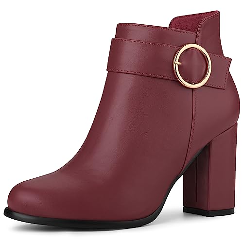 Allegra K Women's Round Toe Circle Buckle Chunky Heels Ankle Boots