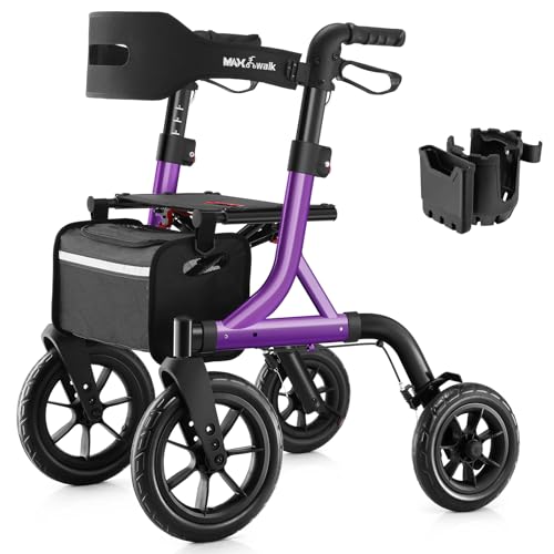 Image of MAXWALK Walkers for Seniors, Foldable Rollator Walker with Seat & Backrest | 12 inch Large All-Terrain Rubber Wheels, Height Adjustable, Aluminum Frame, Cup Holder, Elderly Walking Aid, Easy Assembly