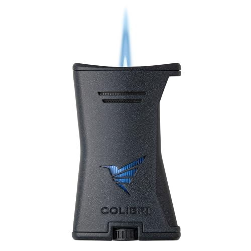 Colibri Premium Slim Torch Lighter - Windproof & Refillable, Cigar Enthusiast's Choice with Blue Fuel Window and Adjustable Flame (Black + Black)