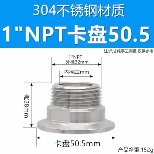 Conector Tri Clamp 50.5mm a rosca macho 1 pulgada NPT en acero inoxidable 304 3