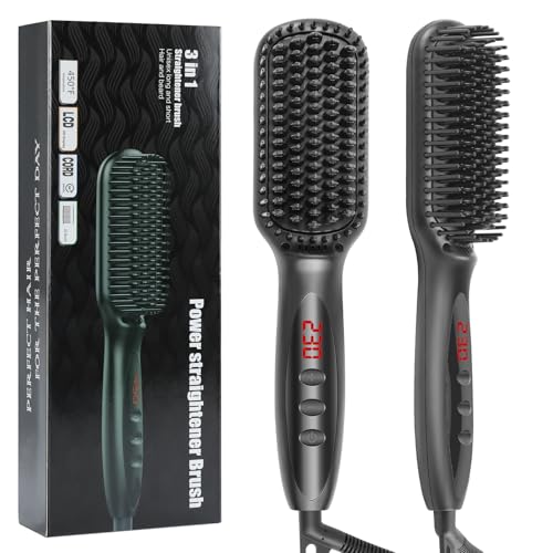 Aischens 2 en 1 Cepillo Alisador de Barba & Plancha de Pelo, Cepillo Alisador de Pelo con Pantalla LCD 120-230°C, Plancha de Barba Pelo Flequillo Eléctrico Profesional, Peine Alisador de Cabello