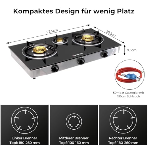 CAMPLUX TC03GB 3 Flammig Glas Gaskochfeld/ 6,25 kW LPG Gaskocher/Tragbar Campingkocher für Camping/ 72,5cm/ 50mbar Gasregler – Bild 6