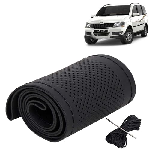 KINGSWAY® PU Leatherite Car Steering Cover Sewable Compatible with Mahindra Xylo (Year 2009-2017), Black Color with Black Thread, Pack of 1 with Sewing Needle and Thread