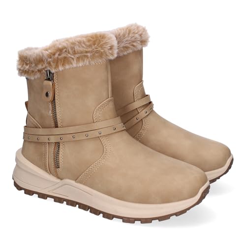 shoes&blues.es 87238 Botines de Invierno Planos para Mujer, Comodos y Elegantes, Diseno Moderno, Detalle de Pelo y Adorno de Correa, Cierre de Cremallera. Kaki Talla 39
