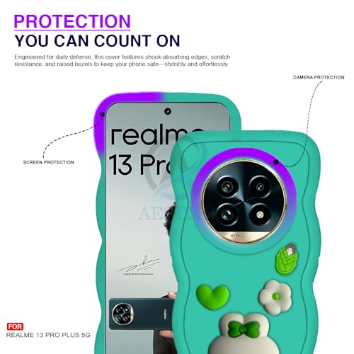 Image of AESTMO Back Case Cover for Realme 13 Pro 5G / Pro Plus | 3D Cute Fun Cartoon Characters | Anti Slip Grip Cute Wave Curly Frame Shape | Back Cover for Realme 13 Pro 5G / Pro Plus (MintGreen)
