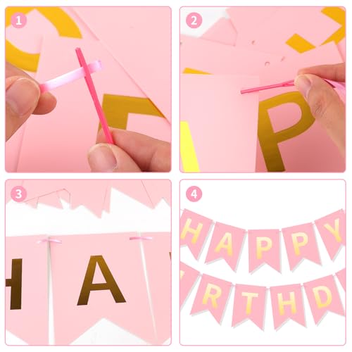 Image of Pink Happy Birthday Banner Hanging Sign Circle Dot Triangle Bunting