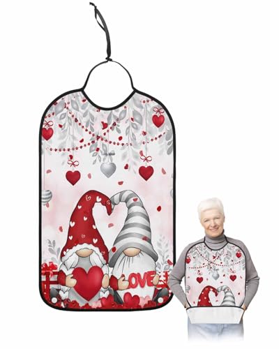 LEOKOTI Gnomes Valentines Adult Bibs for Eating, Waterproof Bibs with Food Catcher & Adjustable Snap Closure, Red Grey Pink Love Heart Floral Washable Clothing Protectors Adult Bibs for Elderly