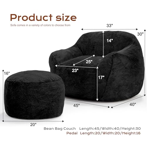 Image of Homguava Giant Bean Bag Chairs for Adults,Large Bean Bag Couch with Ottoman | Big Beanbag Chair with Memory Foam Filled,Oversized Bean Bag Sofa,Faux Fur Floor Sofa Chair for Bedroom Living Room-Black