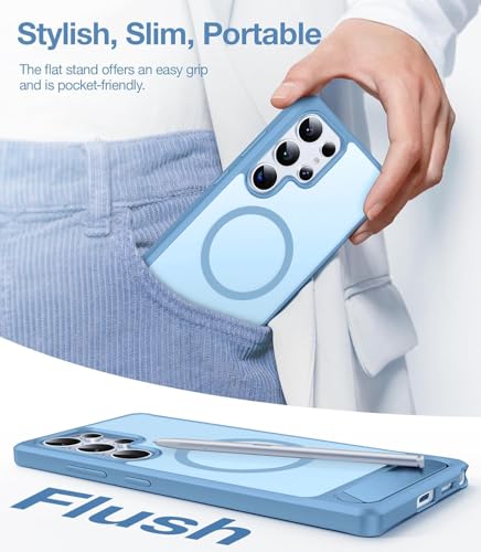Image of Elzzi Magnetic Cover Compatible for Samsung S24 Ultra 5g Case with Adjustable Metal Kickstand, Compatible with Mag-Safe Translucent Matte Shockproof Protective Phone Case, Official Blue