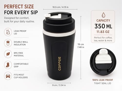 Image of Kitchivo Multipurpose Insulated Travel Mug - 350ml | Double Wall Stainless Steel Flask for Coffee, Tea & Milk | 100% Leak-Proof | Keeps Hot & Cold for Hours | Car Friendly (Matte Black)