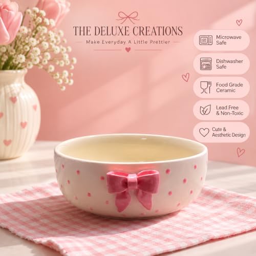 Image of The Deluxe Creations Ceramic Serving Bowl with Pink Bow | Handmade Soup & Dessert Bowl | Aesthetic Gift Bowl for Girls | Breakfast Cereal Bowl | 500 ML