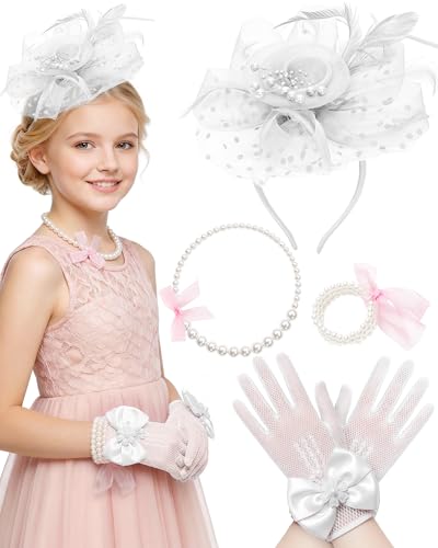 Thstdhy Girls Tea Party Fascinators Hats for Kids Fascinator Tea Party Hat Headband with Gloves Accessories for Girls White