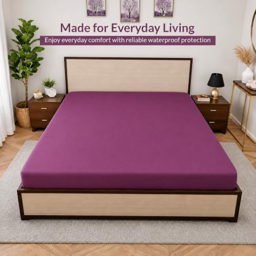 Image of 100% Waterproof Mattress Protector Double Size Bed 48x75 Inch, Non Woven Fabric Fitted Mattress Cover with Elastic, Waterproof Bed Protector, Hypoallergenic, 10 Inch Deep Pocket - Wine Purple