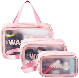 ALINK 3 Pieces Large Clear Travel Toiletries Bags, Waterproof Clear Plastic Cosmetic Makeup Bags, Transparent Packing Organizer Storage Bags (Pink)