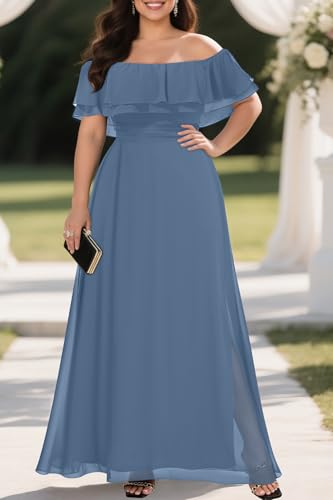 Image of Pinup Fashion Plus Size Formal Bridesmaid Wedding Guest Chiffon Long Dress | Chiffon, off-the-shoulder neckline, layered ruffles, ruched elastic waist, floor-length, evening party, wedding guest