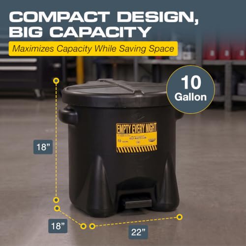 Image of Eagle Oily Waste Can, Self-Closing Lid, 10 Gallon, Made in the USA, Black