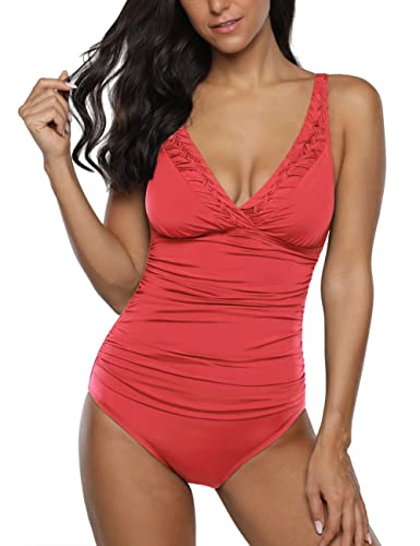 Hilor Women's One Piece Swimsuits Pin Tucked Surplice Swimwear Tummy Control Bathing Suits Monokinis Coral Red 12 #TOP4