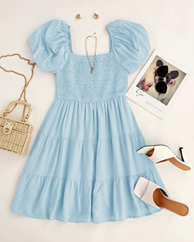 Image of ZESICA Women's Boho 2026 Summer Square Neck Puff Sleeve Off Shoulder Smocked Tiered Casual A Line Short Mini Dress