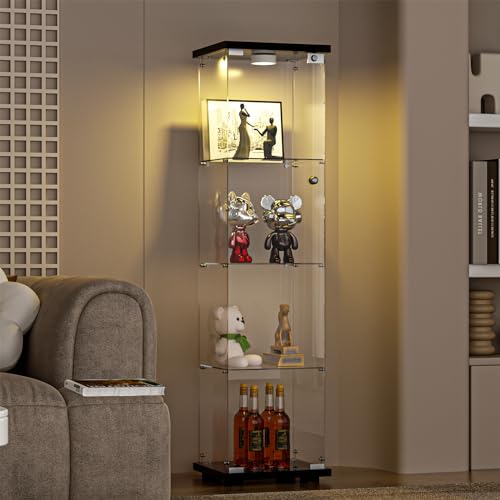 FANYUSHOW Armário de exibição de vidro com luz LED, estilo de instalação rápida, armário curioso de 4 prateleiras, prateleira de vidro temperado de 5 mm para sala de estar, quarto, 165 cm A x 43 cm C