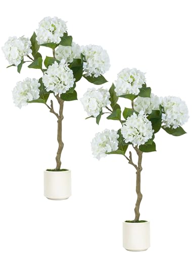 BLOSMON White Hydrangea Fake Tree for Outdoor Porch Decor 2 Pcs 39 Inch